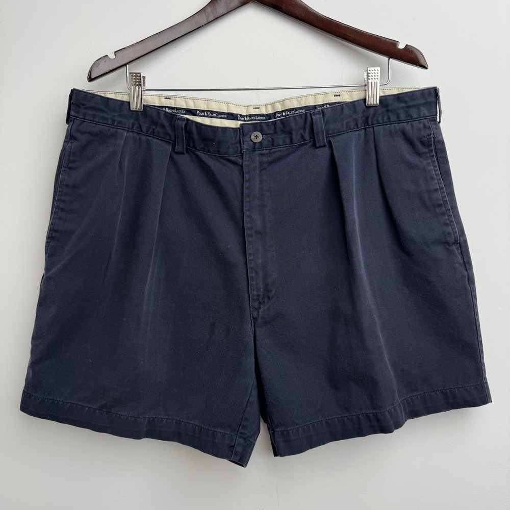 VTG Polo Ralph Lauren Chino Shorts Navy W 40 Casual Cotton Pleated Preppy Mens